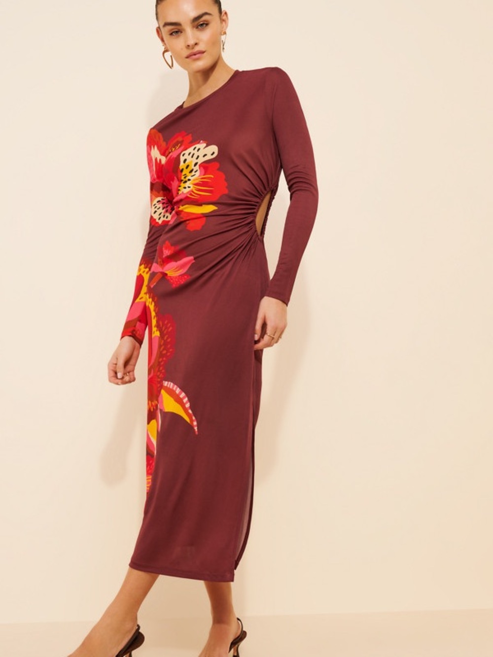 FARM Rio Side-Ruched Jersey Long Sleeve Midi Dress-XXS-NWT